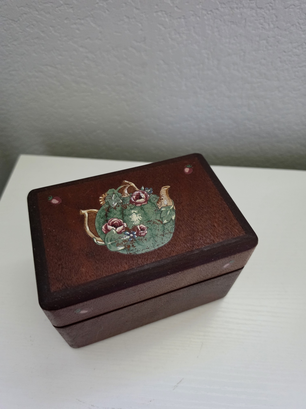 Vintage Rustic Wooden Decorative Trinket Box with Floral Teapot Motif - Brown